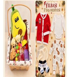 Yılbaşı Temalı 1 Yaş Bebek Hediye Sepeti – Kıyafet, Bakım ve Oyuncak Seti