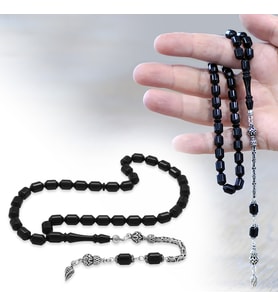 Sıkma Kehribar Tesbih - 925 Ayar Gümüş Kral Zincir Püsküllü - Elmas Kesim - Siyah Renk