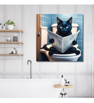 Tekli Kare Kanvas Banyo Tablosu Gazete Okuyan Siyah Kedi