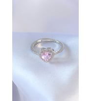 Gümüş Renk Pembe Zirkon Taşlı Kalp Charm Model Pirinç Kadın Yüzük