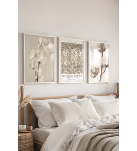 Beyaz Çerçeveli Tablo Seti, Soft Kahverengi William Morris Duvar Tablosu, 3 Adet Poster Seti, No:300