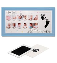 Bebek İlk Yıl Fotoğraf Çerçevesi (38x23cm) 12 Aylık Konsept Resimler ve Yenidoğan El Ayak İzi Kiti (Açık Mavi)