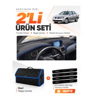 NİSSAN ALMERA EKRANLI (2000-2006) Uyumlu Torpido Örtüsü + Deri Bagaj Çantası + Sticker Seti - Siyah Mavi