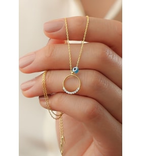 925 Ayar Gold Zirkon Taşlı Nazarlı Halka Gümüş Kolye