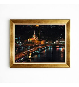 Tablore İstanbul Gece Manzarası Yeni Camii Ve Galata Köprüsü Altın Çerçeveli Tablo
