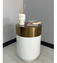 Dekoratif Eskitme Darbuka Parlak Beyaz Sehpa 60cm