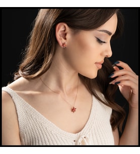 Gümüşistan 925 Ayar Gümüş Kırmızı Taşlı Lotus Çiçeği Kolye Küpe Seti