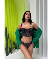 Kadın Simli Çiçek Desenli Destekli Siyah Bustiyer Takım,Tanga Çiçekli İç Çamaşırı, Bralet Takımı (Leopar)