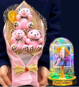 Kişiye Özel Renkli Led Işıklı Fanus ve Büyük Boy Pembe Ayıcık Buketi (Model 5)