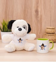 Kişiye Özel Mavi Yıldız Kafa Fotoğraflı Peluş Köpek ve Yeşil Kupa