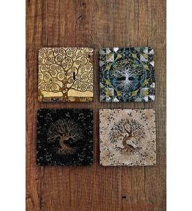 Doğal Taş Bardak Altlığı Uv Baskılı 4'lü Set Hayat Ağacı 10x10cm - Stone Coasters