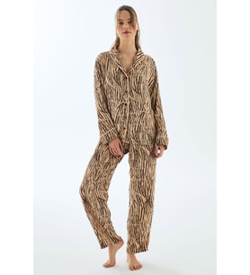 Kadın Kahverengi Uzun Kollu Leopar Desenli Önden Düğmeli Yaka Detaylı Pijama Takımı (Renksiz)