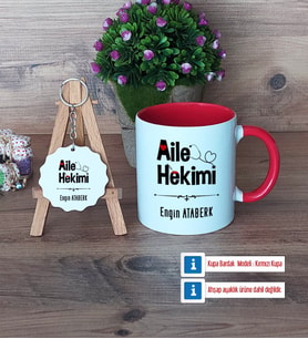Aile Hekimi Kupa Bardak Kırmızı ve Ahşap Anahtarlık Hediye (Model 1)