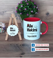 Aile Hekimi Kupa Bardak Kırmızı ve Ahşap Anahtarlık Hediye (Model 1)