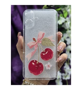 iPhone 16 Plus Uyumlu Kiraz ve Kurdele Desenli Silikon Şeffaf Telefon Kılıfı