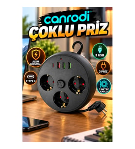 3 Prizli Akım Korumalı Çoklu Priz – 3 USB, 1 Type-C ve 2 Metre Kablo