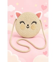 Kız Çocuk Kedi Yumuşak Tüylü Kulak Yuvarlak Hasır Omuz Çantası Hasır Askılı Mini Çapraz Çanta ölç:15*15 cm