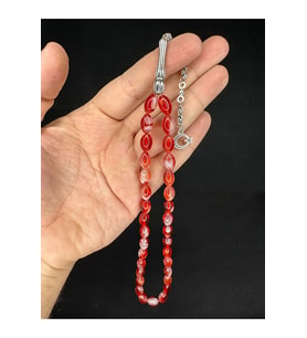 TOZ KEHRİBAR TESBİH KIRMIZI RENKLİ BEYZİ KESİM 10MMX6,5MM T-679