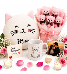 Doğum Günü Peluş Ayıcık Buketi Meow Kedi Yastık İyi Ki Doğdun Kupası ve Fotoğraf