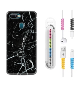 Oppo A5S A15 A16 A54 A55 A73 A74 Kılıf Kablo Koruma Spiral Silikon Black Marble 3 1382