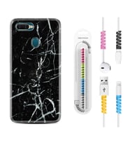 Oppo A5S A15 A16 A54 A55 A73 A74 Kılıf Kablo Koruma Spiral Silikon Black Marble 3 1382