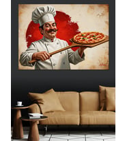 Pizza Sunan Neşeli İtalyan Şefi Dekoratif Kanvas - Mdf Ahşap Tablo
