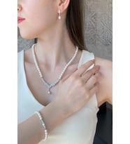 Taşlı Doğal İnci Küpe Kolye Bileklik Üçlü Set (Beyaz)