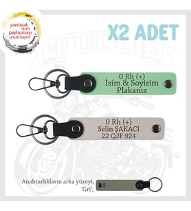 Motorcu Tarzına, İsim Plaka ve 0 Rh (+) Kan Grubu Yazılı Hediyelik x2 Anahtarlık Set, Yeşil-Pudra-Gr (Çok Renkli)
