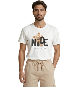 ''Nice To Meet You'' Yazılı ve Sevimli Peluş Ayıcık Baskılı Premium Erkek Tişört