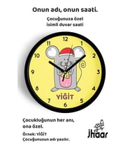 İsme Özel Sevimli Fare Çocuk Odası Duvar Saati Orta Boy 30 cm Siyah Camlı Sessiz
