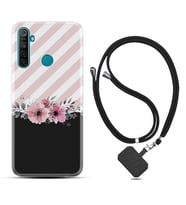 Realme 5i 5 Pro 6i 7 Pro 8 Kılıf Boyun Askılı Silikon Strip Pink Flowers 1396