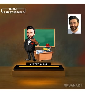 Kişiye Özel Müzik Öğretmeni Karikatürlü 14 cm MDF Işıklı Biblo - Öğretmen Hediyesi Öğretmene Özel Hediye