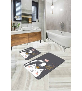 Gri Kedili Banyo Halısı Klozet Takımı 2'li Paspas Seti BS258