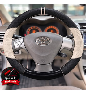 Toyota Corolla RunX Dikme Direksiyon Kılıfı Delikli Deri Parlak Siyah Bej Detay Çift Yüzük ve Dikiş 2004-2006