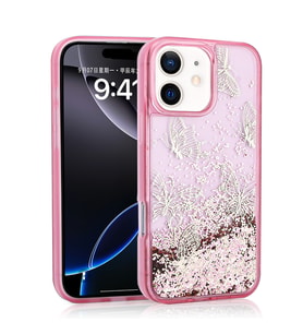 Apple iPhone 12 Uyumlu Kılıf Sıvılı Simli Kelebek Baskılı Şeffaf Arka Yüzey Zore Glis Silikon Kapak (Pembe)
