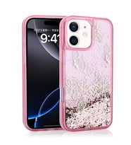Apple iPhone 12 Uyumlu Kılıf Sıvılı Simli Kelebek Baskılı Şeffaf Arka Yüzey Zore Glis Silikon Kapak (Pembe)