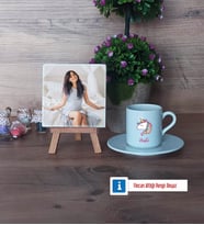Unicorn Fotoğraflı Dekoratif Taş, Ahşap Altlıklı Türk Kahvesi Fincanı Hediye (Model 2)