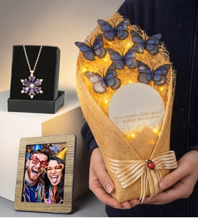 Fotoğraflı Premium Hediye Led Işıklı Aynalı Kelebek Buketi ve Gerçek Ametist Taşlı Lotus Kolye (Mavi)