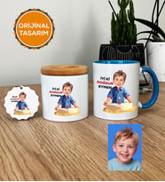 Kişiye Özel Karikatürlü Erkek Çocuğa Hediye Hediye Seti Kupa Bardak, Kalemlik, Anahtarlık Erkek Çocuk Hediyeleri (Mavi)
