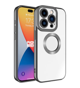 Apple iPhone 15 Pro Max Kılıf Logo Yeri Açık Kamera Lens Korumalı Renkli Kenarlı Şeffaf Silikon (Koyu Gri)