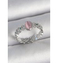 Pirinç Gümüş Renk Zirkon Taş Detaylı Pembe Mineli Damla Model Ayarlanabilir Kadın Yüzük 5886