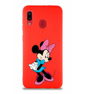 Samsung Galaxy A20 Soft Premier Kapak Minnie Mouse-F Tasarımlı Silikon Kılıf - Kırmızı (Şeffaf)