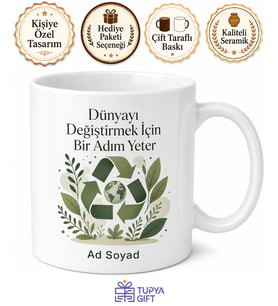 Geri Dönüşüm Temalı Baskılı Kupa Bardak Doğa Dostu Hediye Porselen Mug