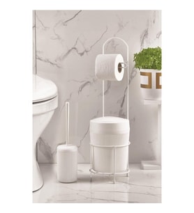Metal Standlı Yuvarlak Kovalı & Kağıtlıklı & Fırçalıklı Beyaz Banyo Takımı