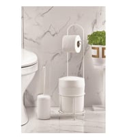 Metal Standlı Yuvarlak Kovalı & Kağıtlıklı & Fırçalıklı Beyaz Banyo Takımı