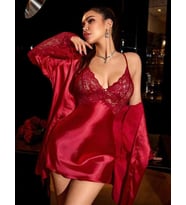 Amora Secret Bordo Dantel İşlemeli İnce Askılı Saten 2'li Gecelik Sabahlık Takımı