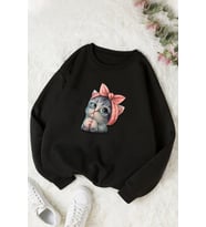 Unisex Sevimli Kedi Baskılı Bisiklet Yaka Sweatshirt (Siyah)