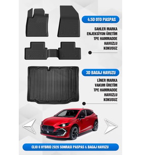 Renault Clio 6 2026 ve Sonrası Uyumlu 4.5D Premium Havuzlu Oto Paspas ve Liner Bagaj Havuzu