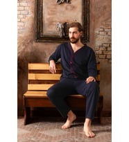 Erkek Boydan Düğmeli Yüksel Kalite Pamuk Pijama Takımı 16511 (Lacivert)
