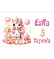 Pembe Unicorn Temalı Doğum Günü Afişi -1 35X50 cm